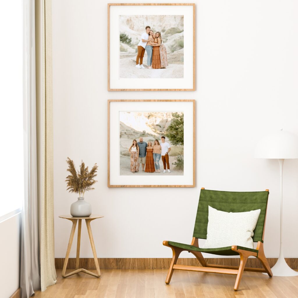 Family photos hanging on wall of boho modern room